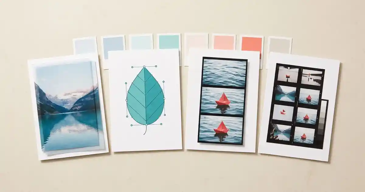 Four creative project cards showing photo layers, a vector leaf, paper-boat film frames and a photo contact sheet