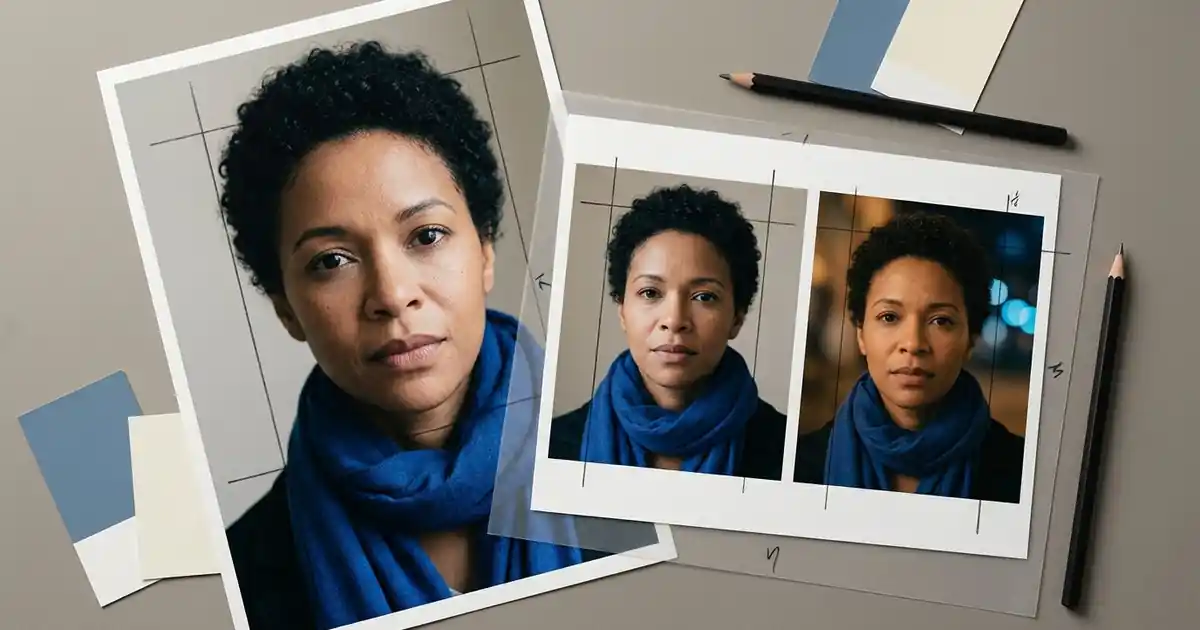 A fictional adult portrait and two lighting variations on an editing desk, illustrating subject-preserving prompt adaptation