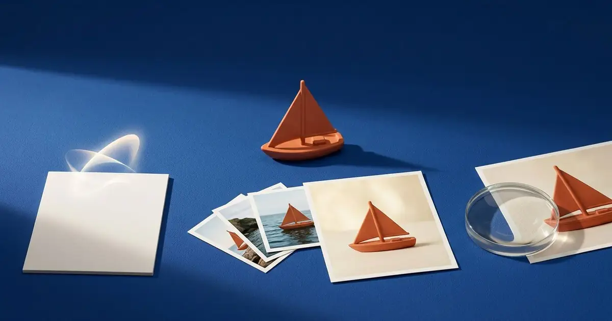 Conceptual sailboat reference photos, a blank art board and a magnifying lens representing three image tasks