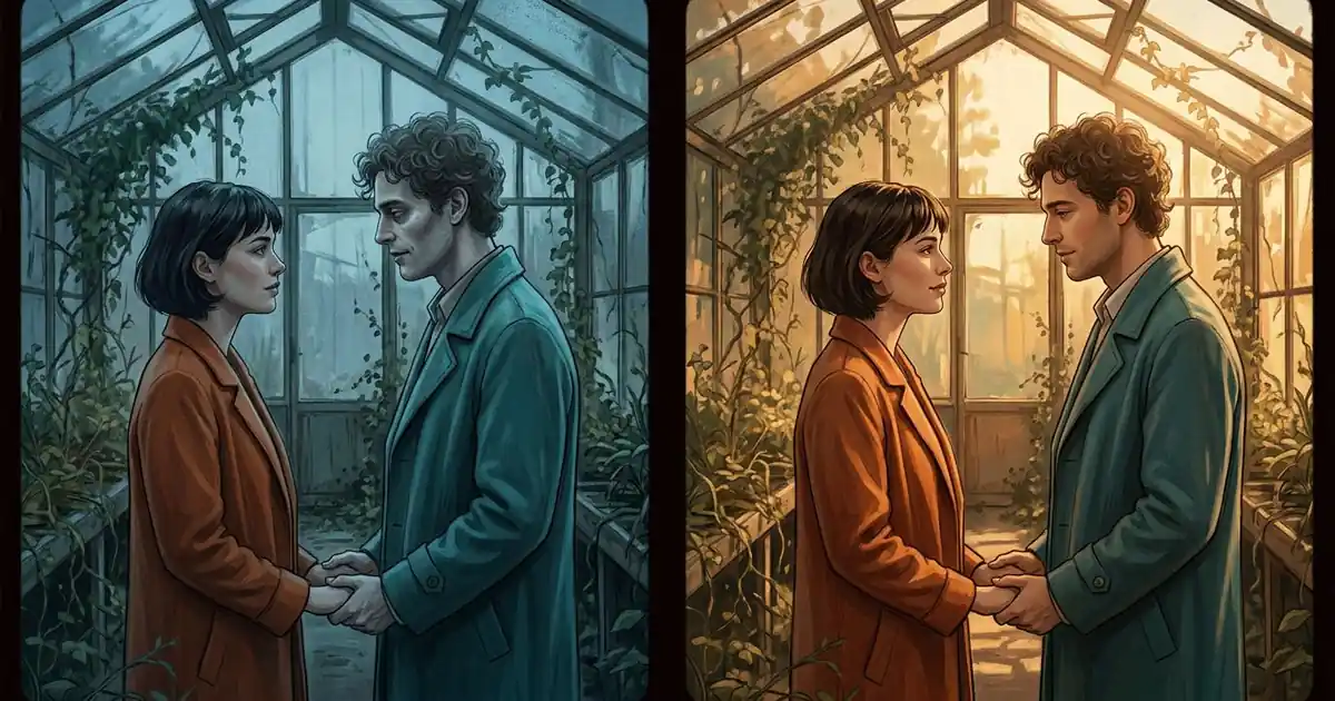 The same fictional adult couple holding hands in matching cool greenhouse and warm memory frames