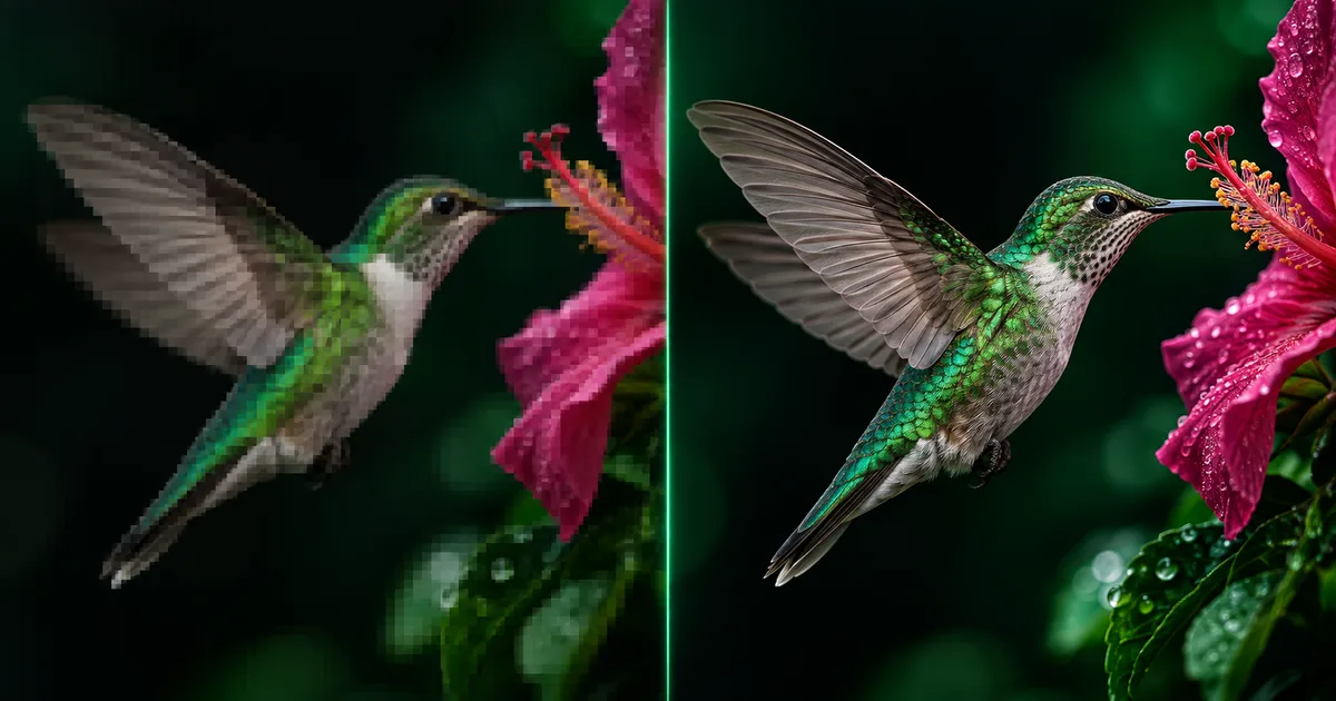Vergleich eines pixeligen Kolibris mit einer schärferen vergrößerten Version